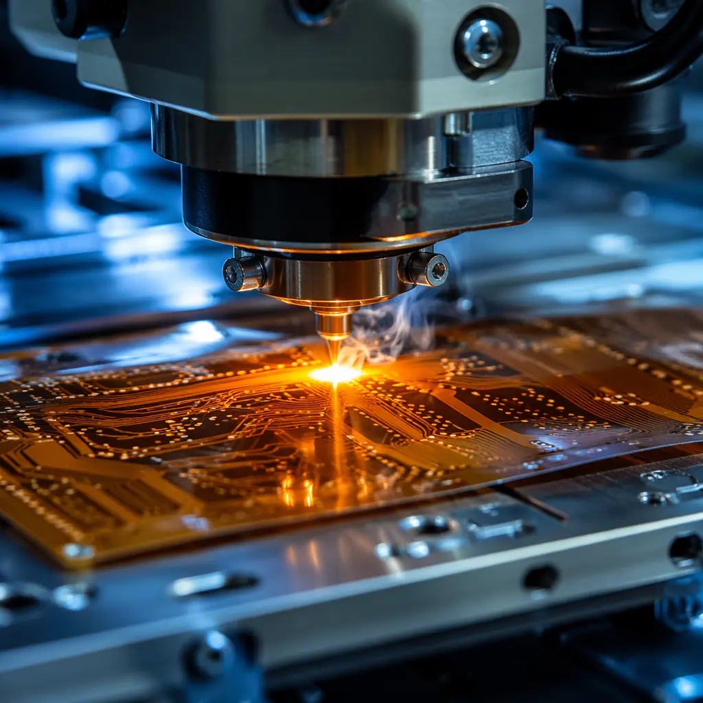 Laser drilling microvias on polyimide flex PCB sheet in cleanroom environment