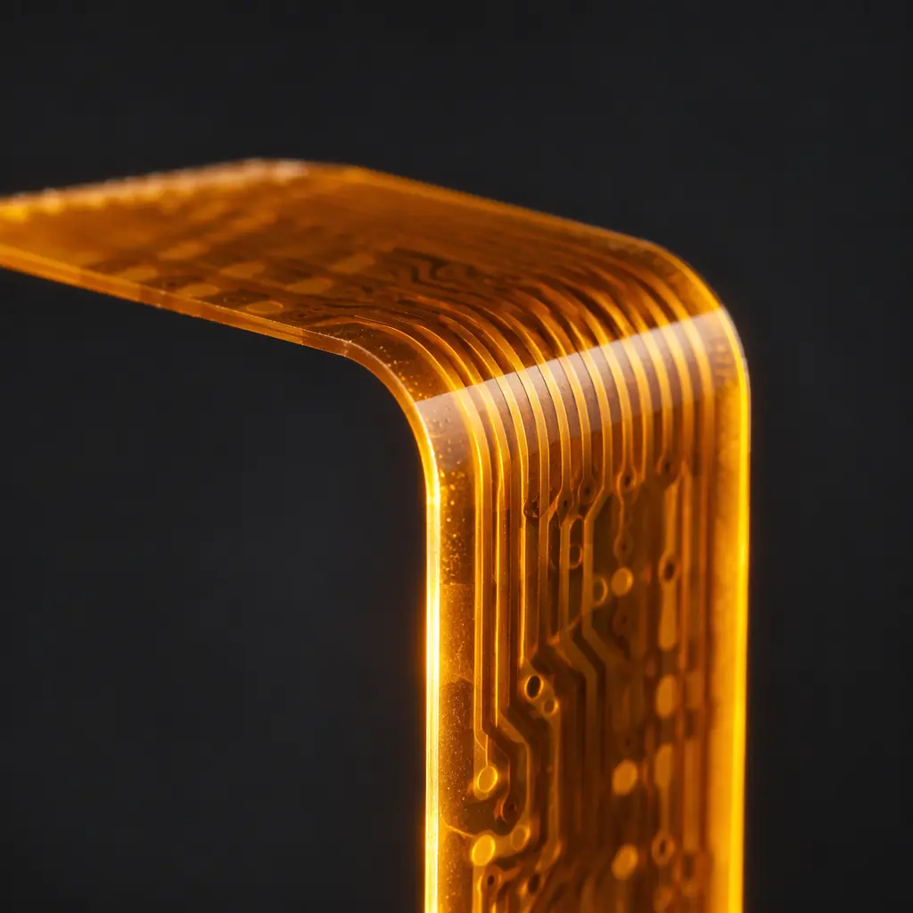 Flex PCB bent at sharp angle showing polyimide flexibility and copper trace integrity