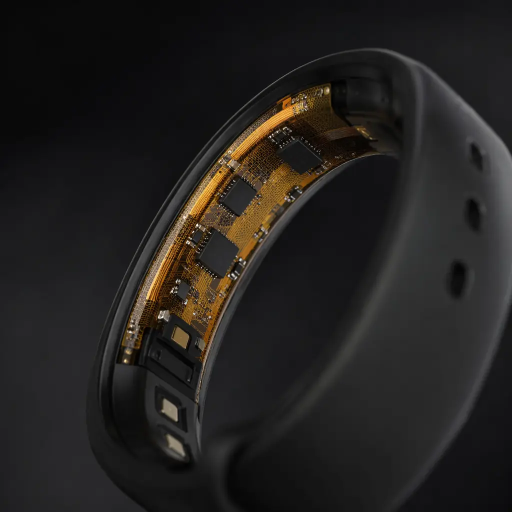 Flex PCB conforming to curved wearable device wristband showing compact SMT component integration