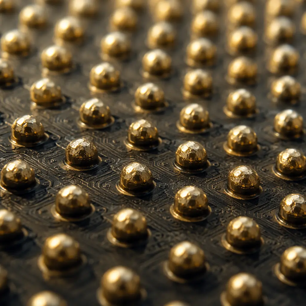 Photorealistic macro close-up of flip-chip solder micro-bumps in grid pattern on dark PCB substrate surface under angled lighting