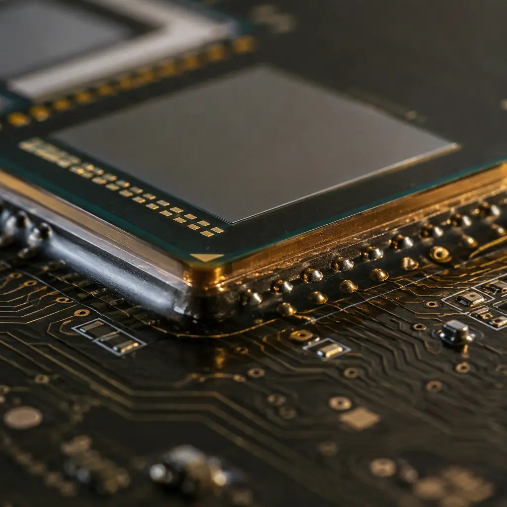 Photorealistic 3D cross-section render of flip-chip silicon die mounted on PCB substrate showing micro-bumps and underfill layer with thermal vias