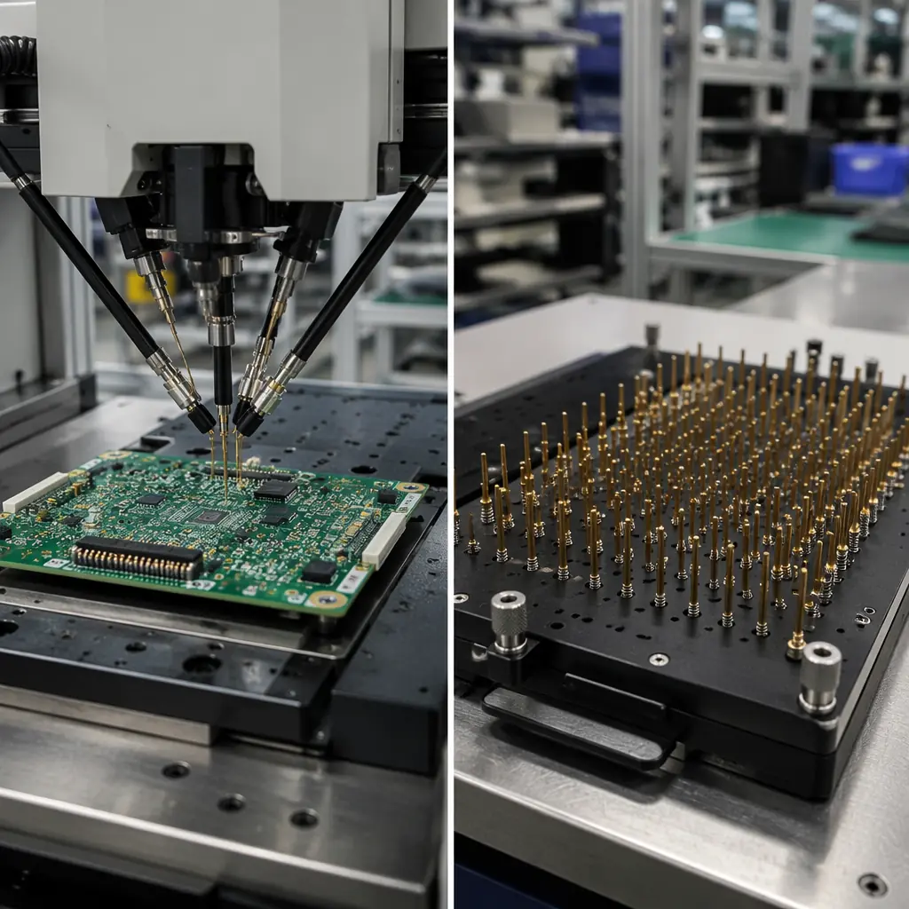 Side-by-side comparison: flying probe machine with moving needle heads next to an ICT fixture with dense spring-loaded pin array on factory bench