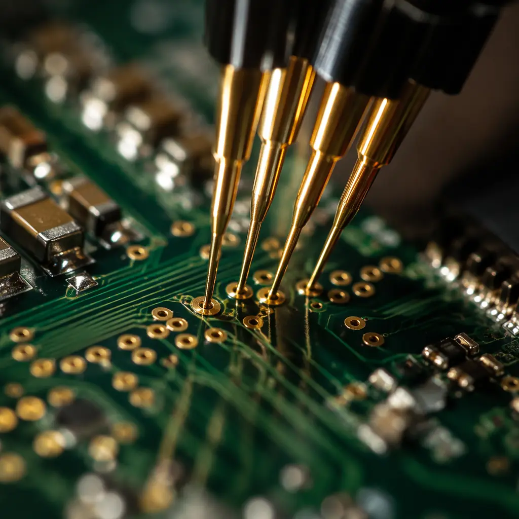 Close-up of flying probe test needles contacting a PCB under automated inspection, with ICT fixture bed-of-nails shown in background