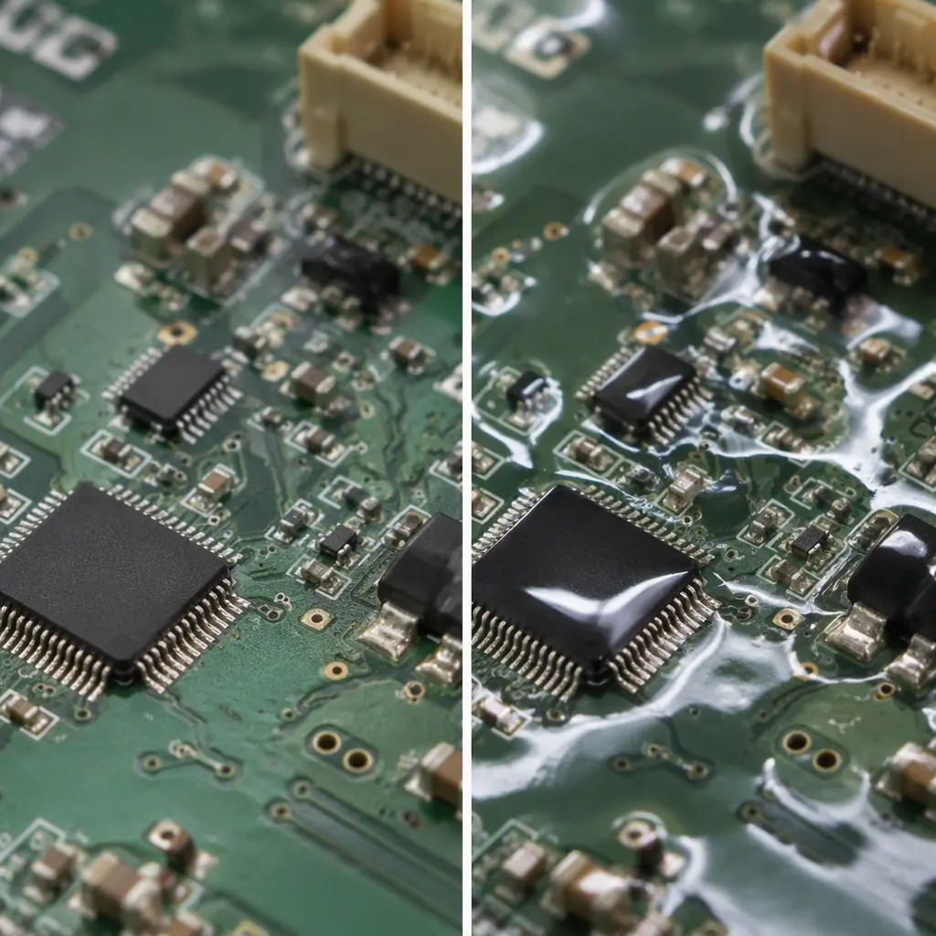 Parylene conformal coated PCB being inspected under UV light after chemical immersion testing for CIP resistance in food processing applications