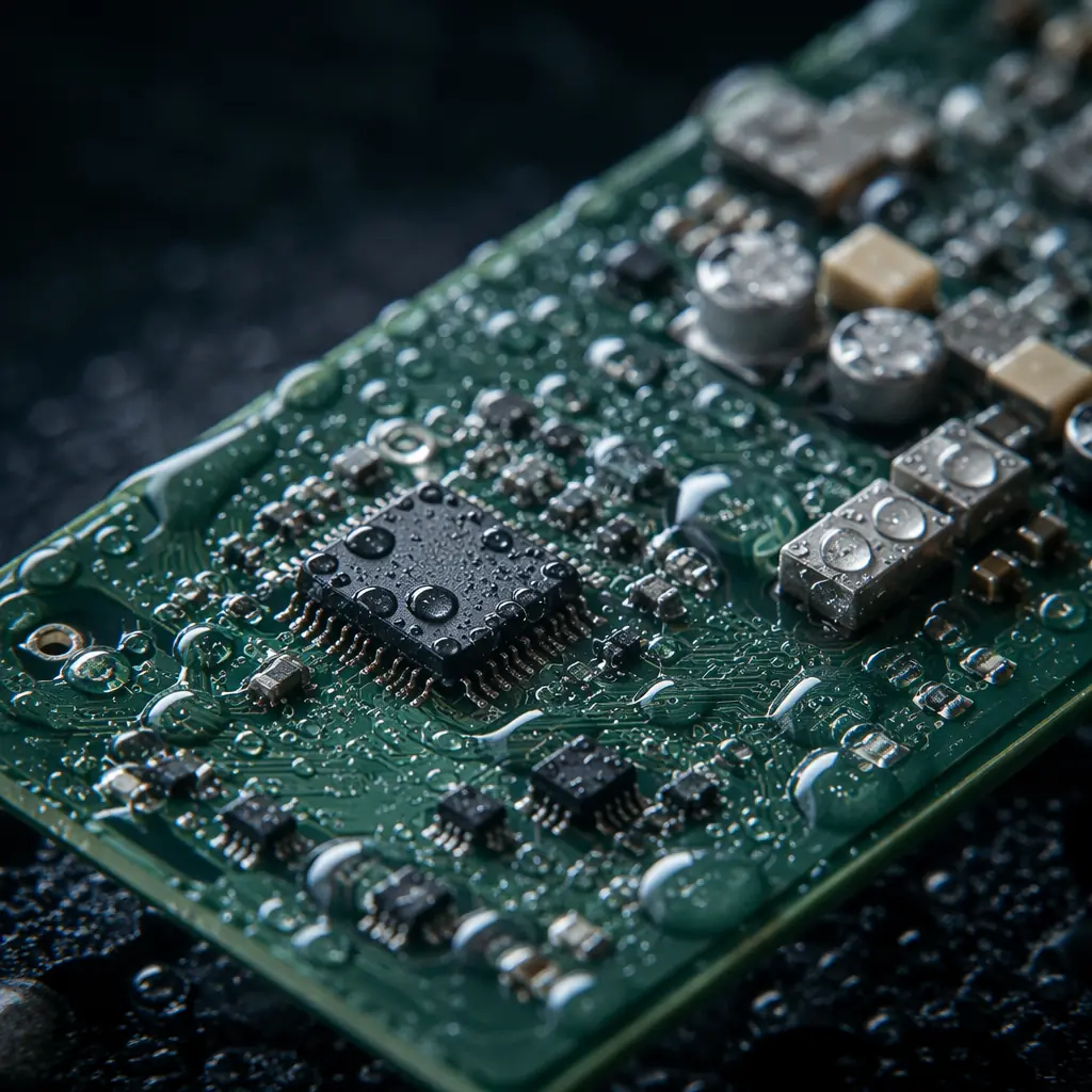 Stainless steel sealed PCB enclosure with IP69K-rated M12 connectors being tested under high-pressure washdown in a food processing facility