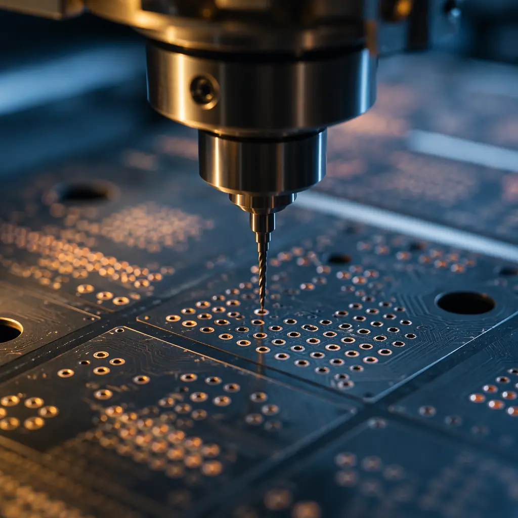 CNC drilling machine creating micro-vias on PCB panel
