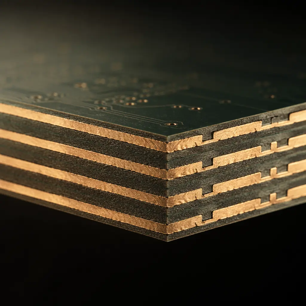 Multilayer PCB cross-section showing copper layers