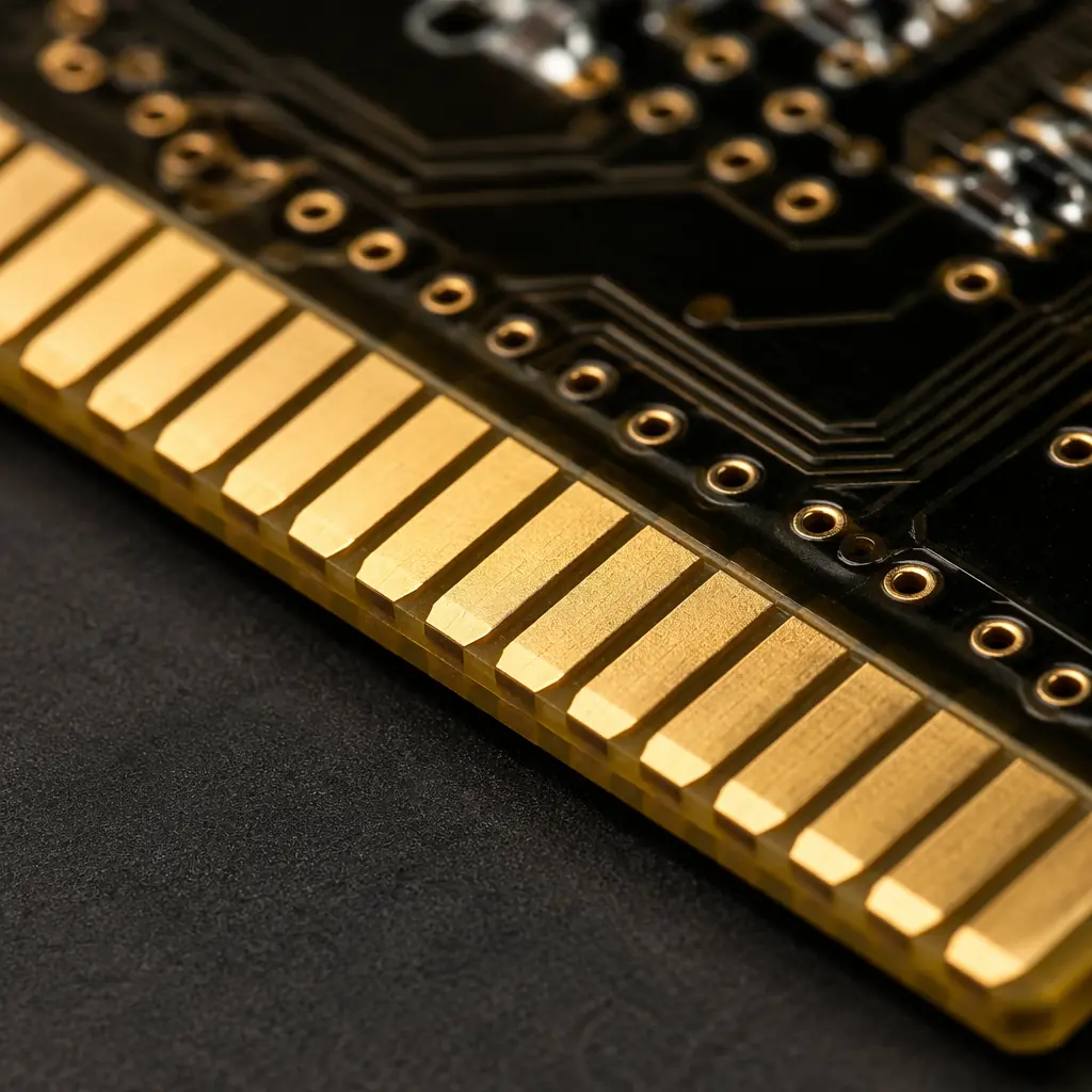Macro photograph of a PCB edge connector with gold-plated fingers showing the characteristic beveled edge and individual contact pads under directional lighting