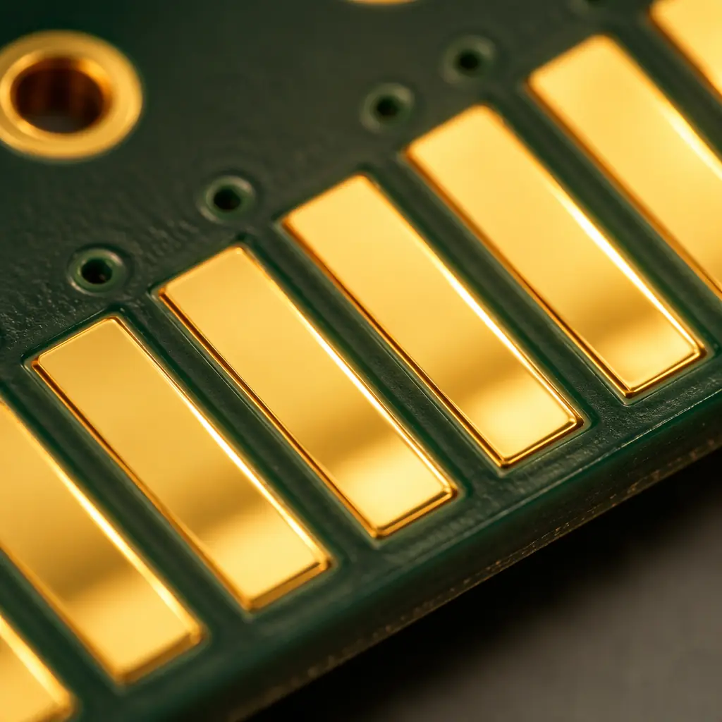 Close-up macro photograph of gold-plated PCB edge connector fingers with precise beveled edges reflecting warm light