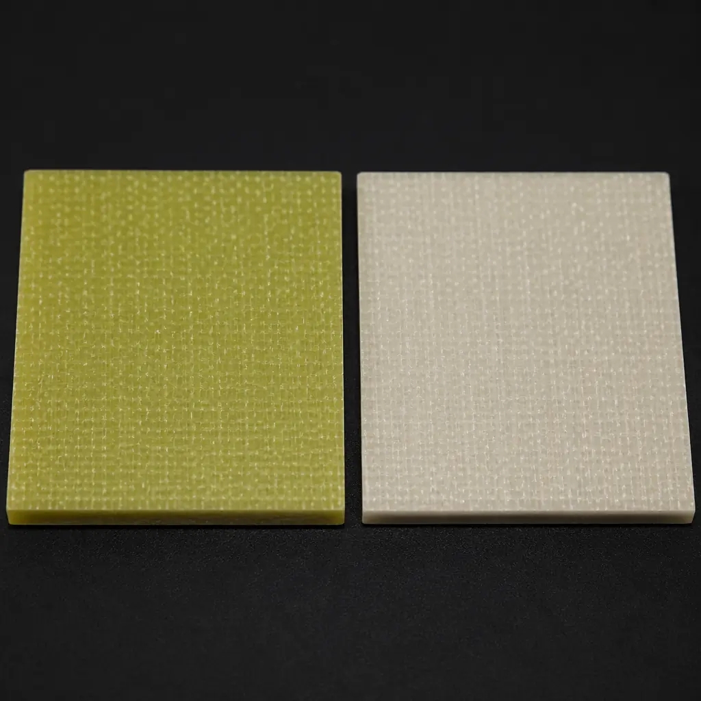 Comparison of standard FR-4 vs halogen-free PCB laminate materials showing cross-section differences