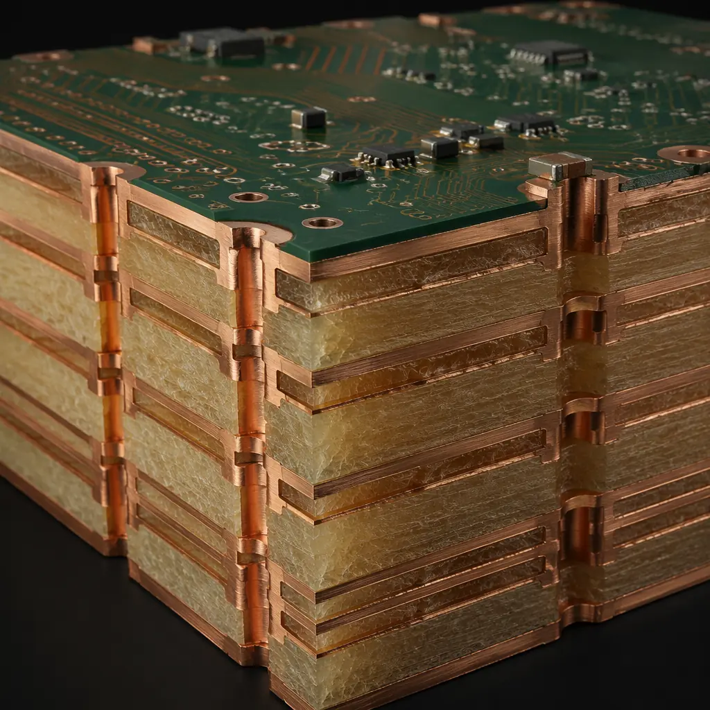 Halogen-free PCB laminate stack with green solder mask on manufacturing line