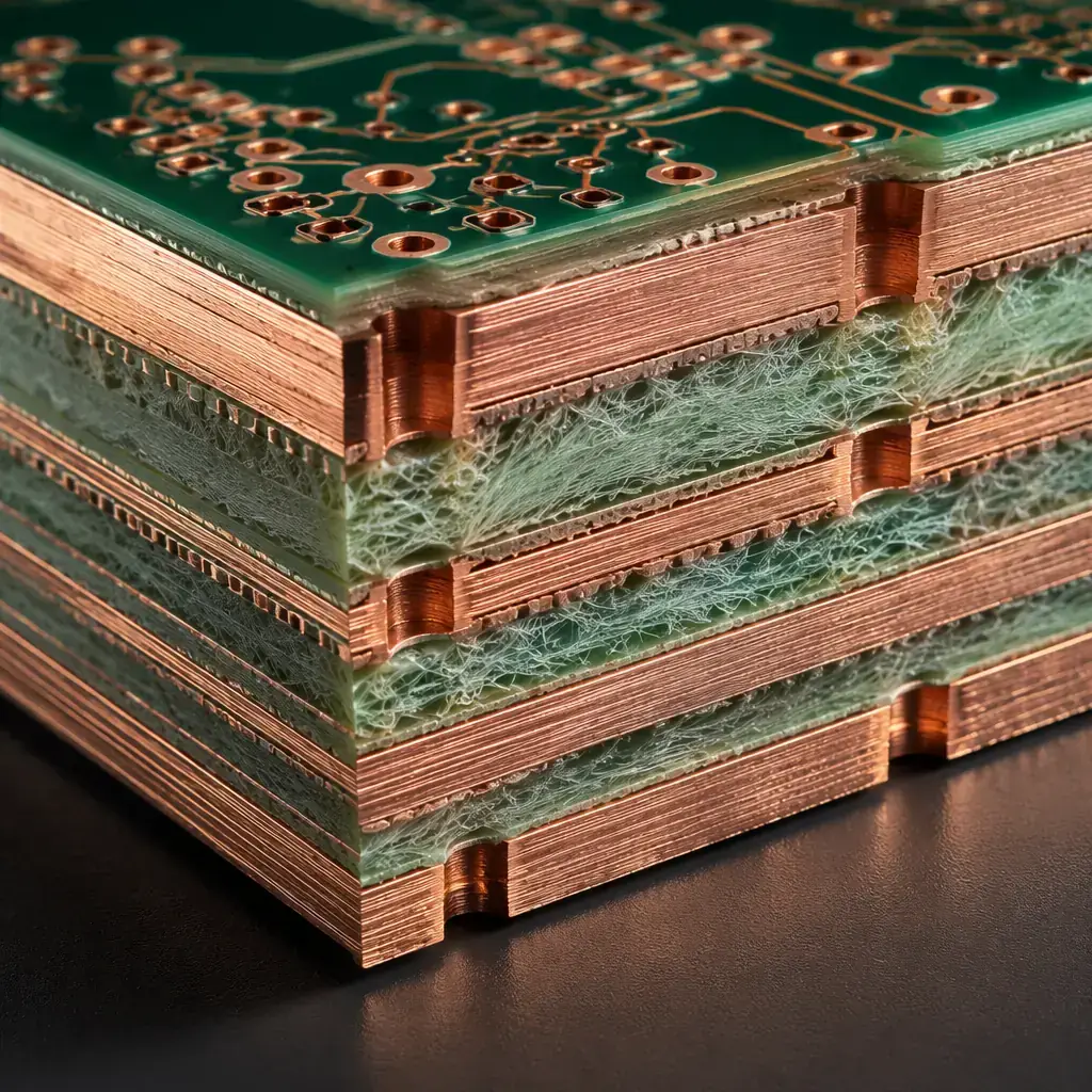Photorealistic cross-section of a heavy copper PCB showing thick copper traces with uniform plating on FR-4 substrate