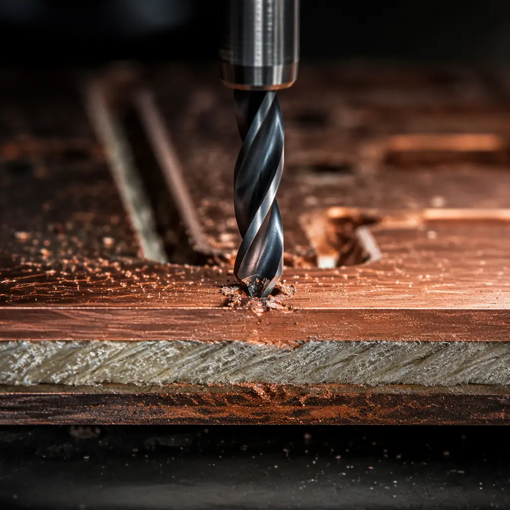 Close-up of CNC drilling on heavy copper PCB panel showing drill bit entering thick copper layer with fiberglass substrate beneath