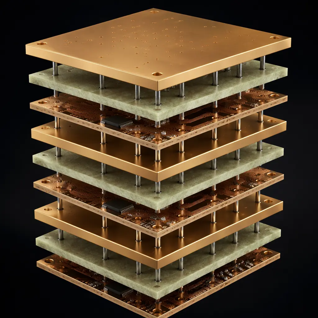 3D render of a hybrid PCB stackup showing thick 6oz copper power layers embedded between standard 1oz signal layers, with thermal vias connecting to surface pads