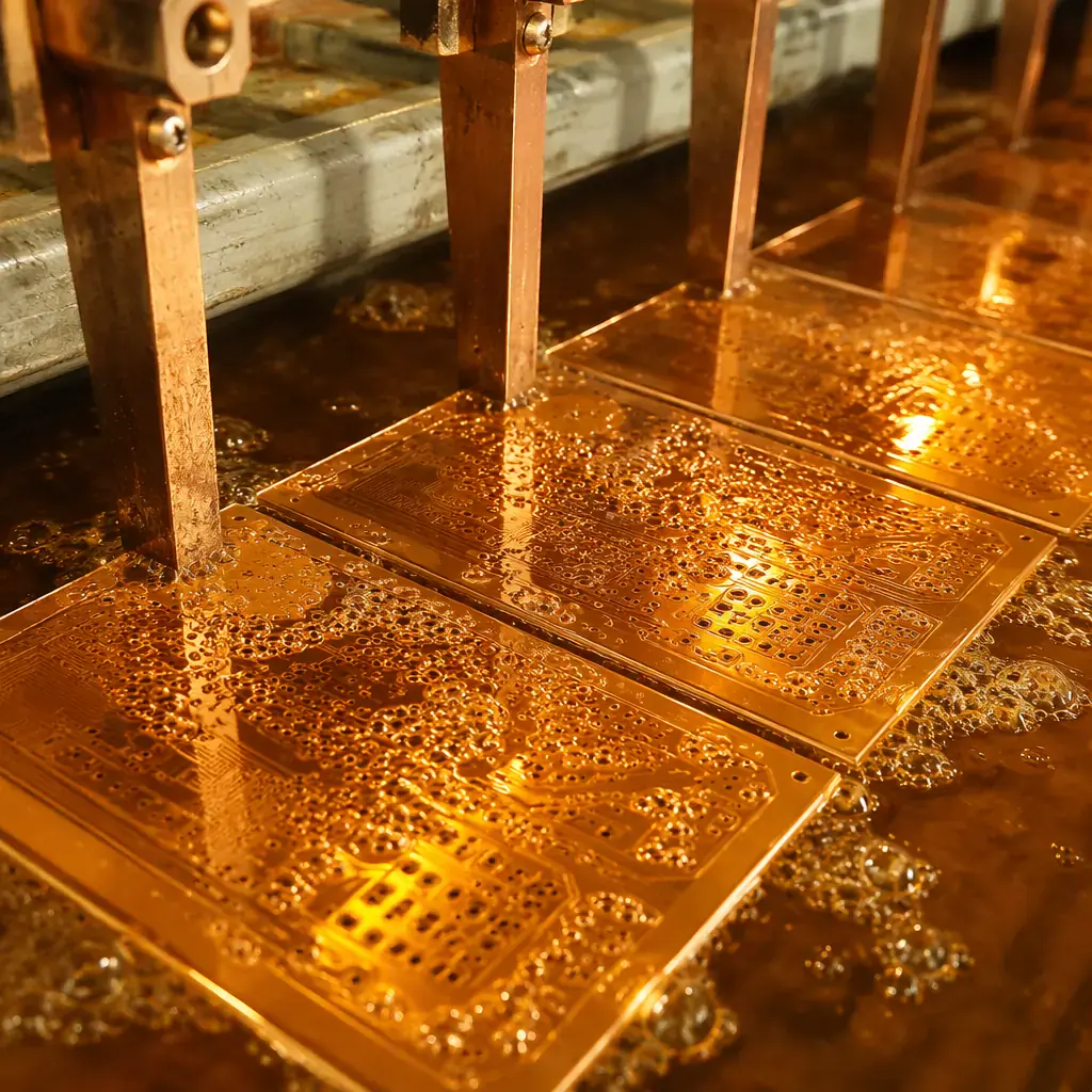 Macro photo of copper electroplating bath with PCB panels immersed, golden-orange electrolyte with uniform current distribution