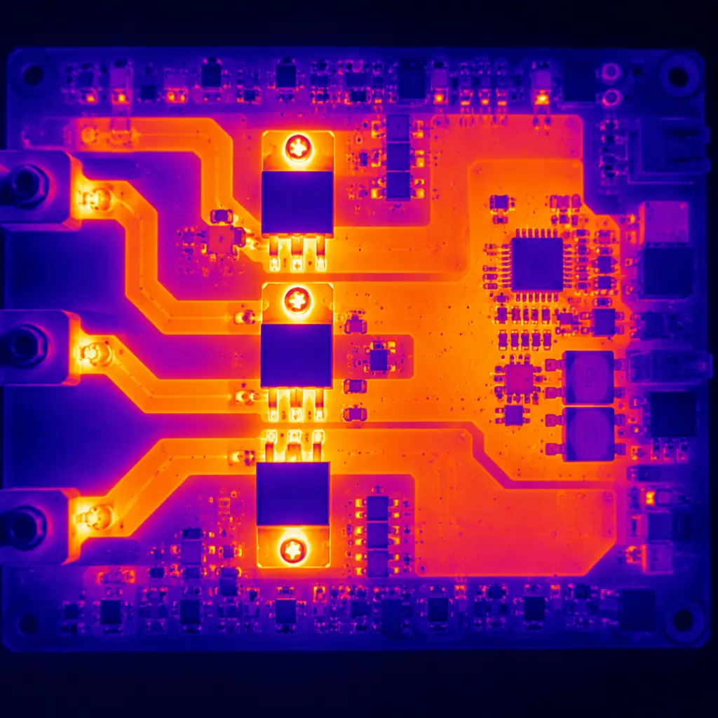 Thermal image of heavy copper PCB under load showing uniform heat distribution across copper planes with localized hot spots at power transistors