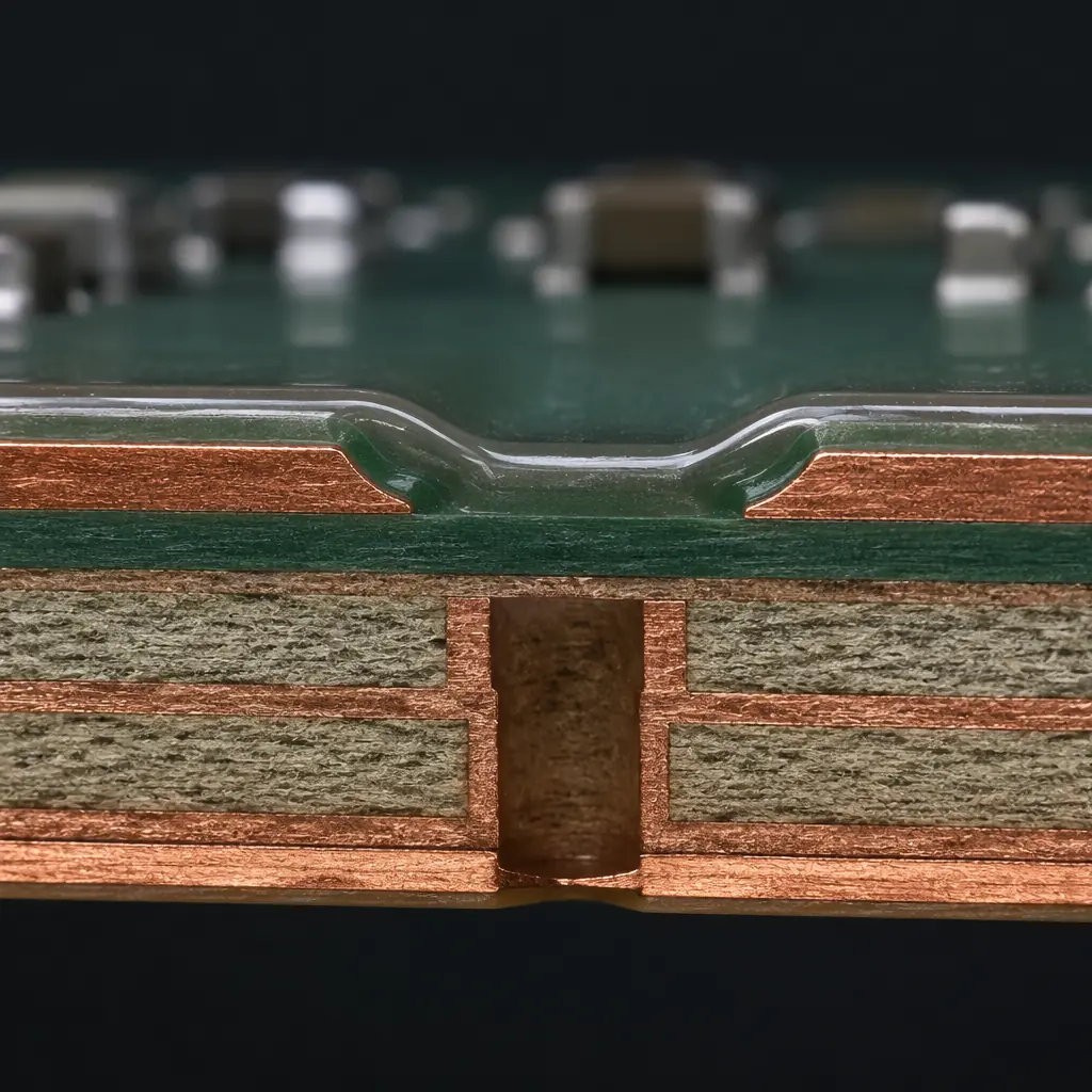 PCB cross-section showing creepage path along surface between high-voltage traces with conformal coating protection