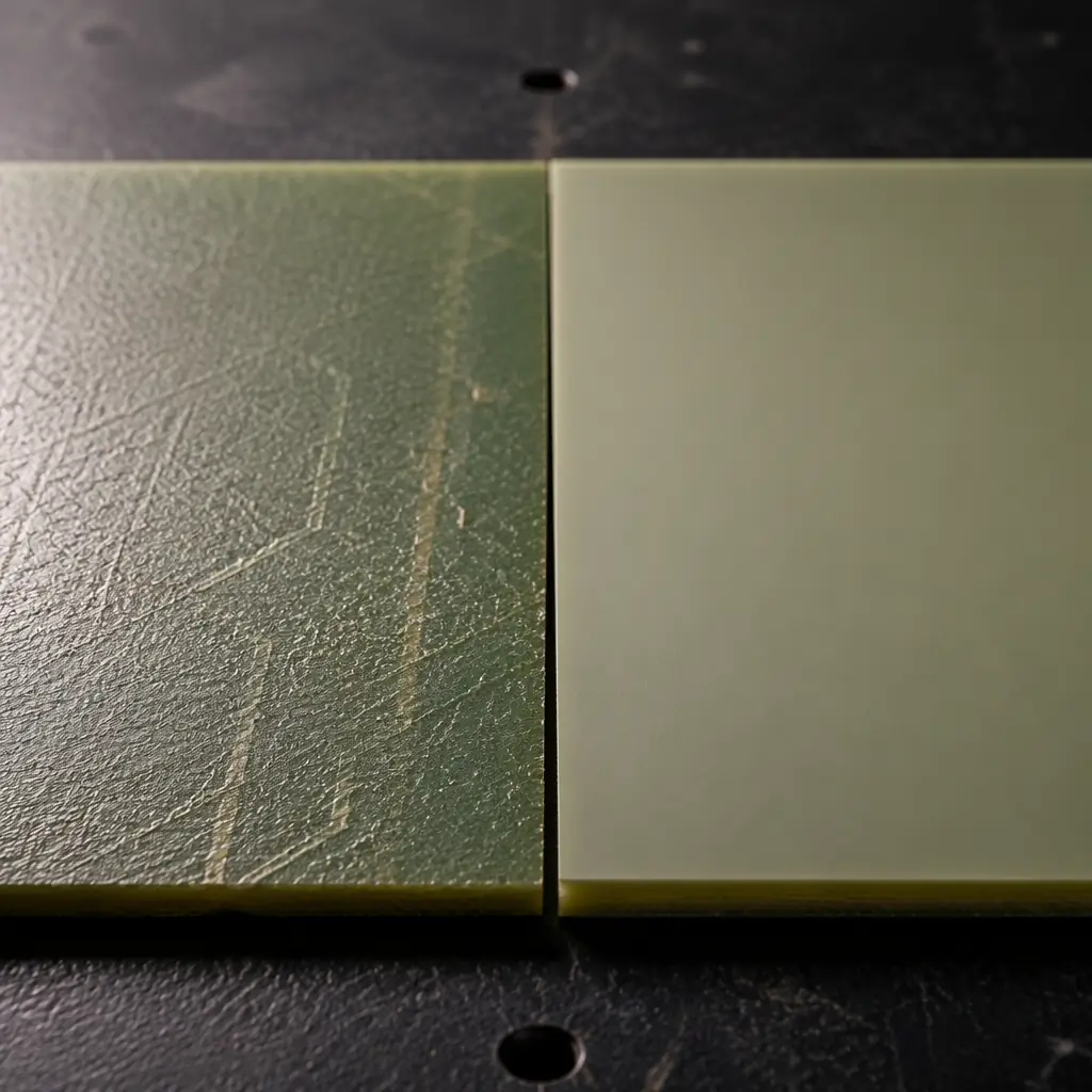 Close-up comparison of standard FR-4 versus high-CTI PCB laminate surfaces under magnification showing tracking resistance difference