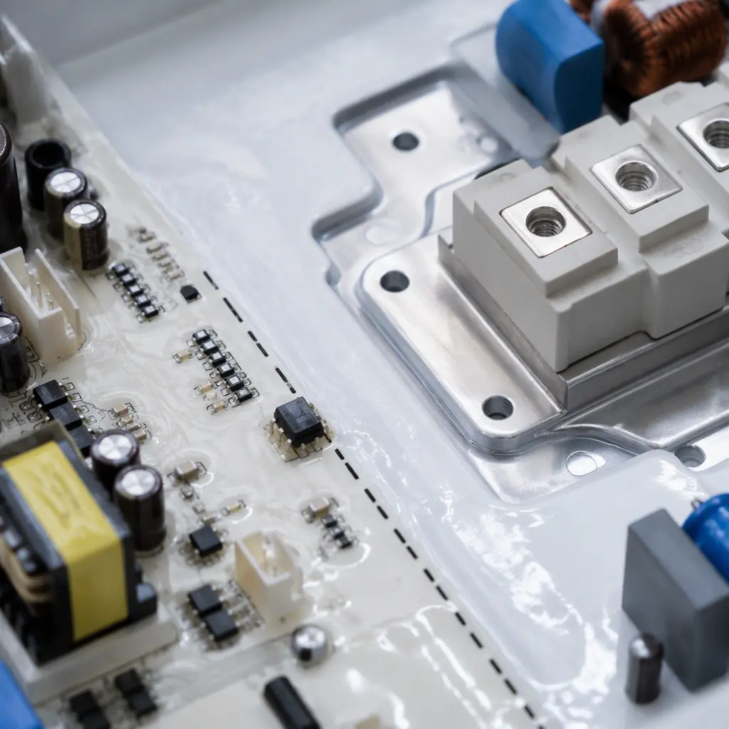 Macro photograph of a refrigerator inverter control PCB showing isolation boundary with optocoupler, IGBT module mounting area, and conformal coating