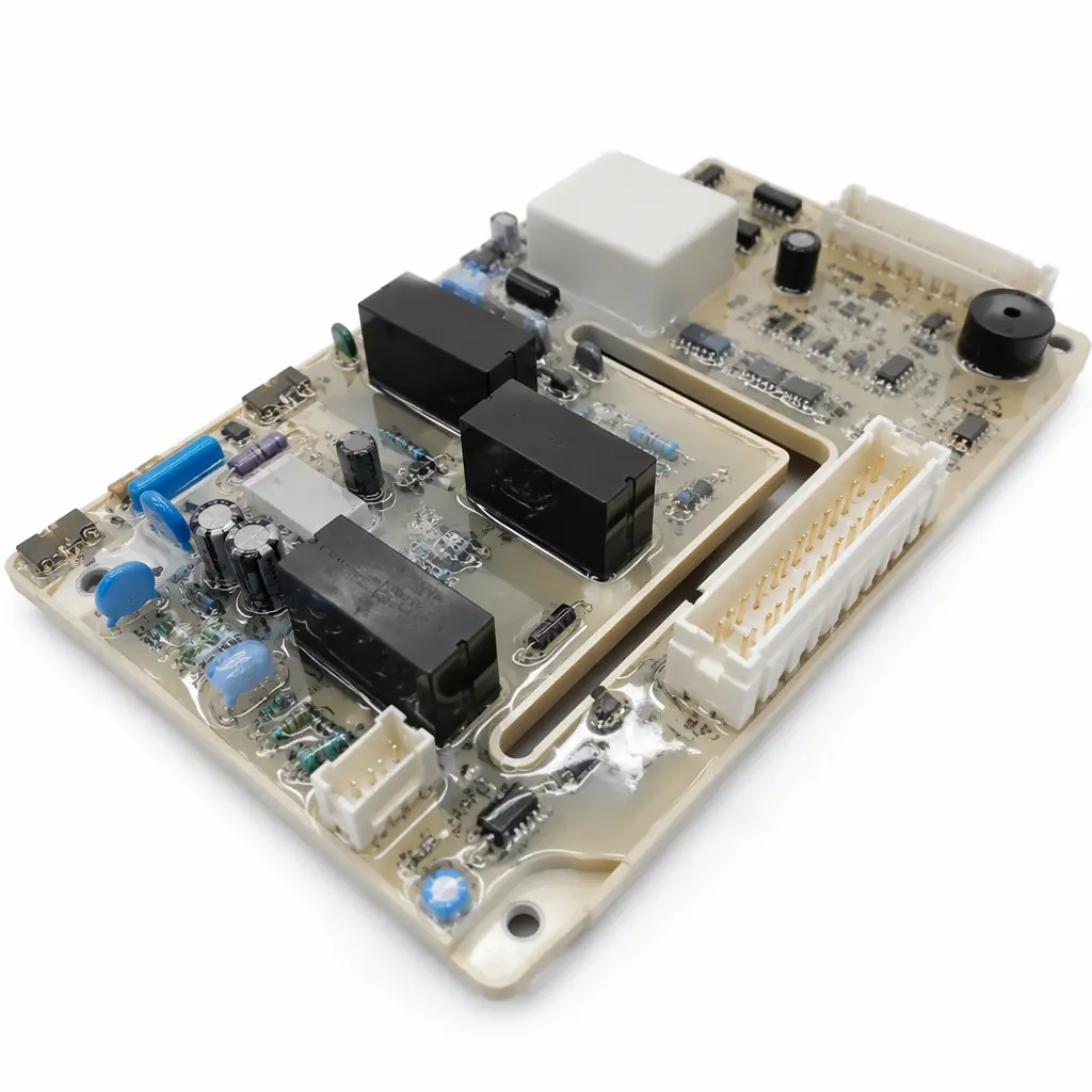 Professional photograph of a modern washing machine control PCB with conformal coating, relay components, and edge connector for display panel
