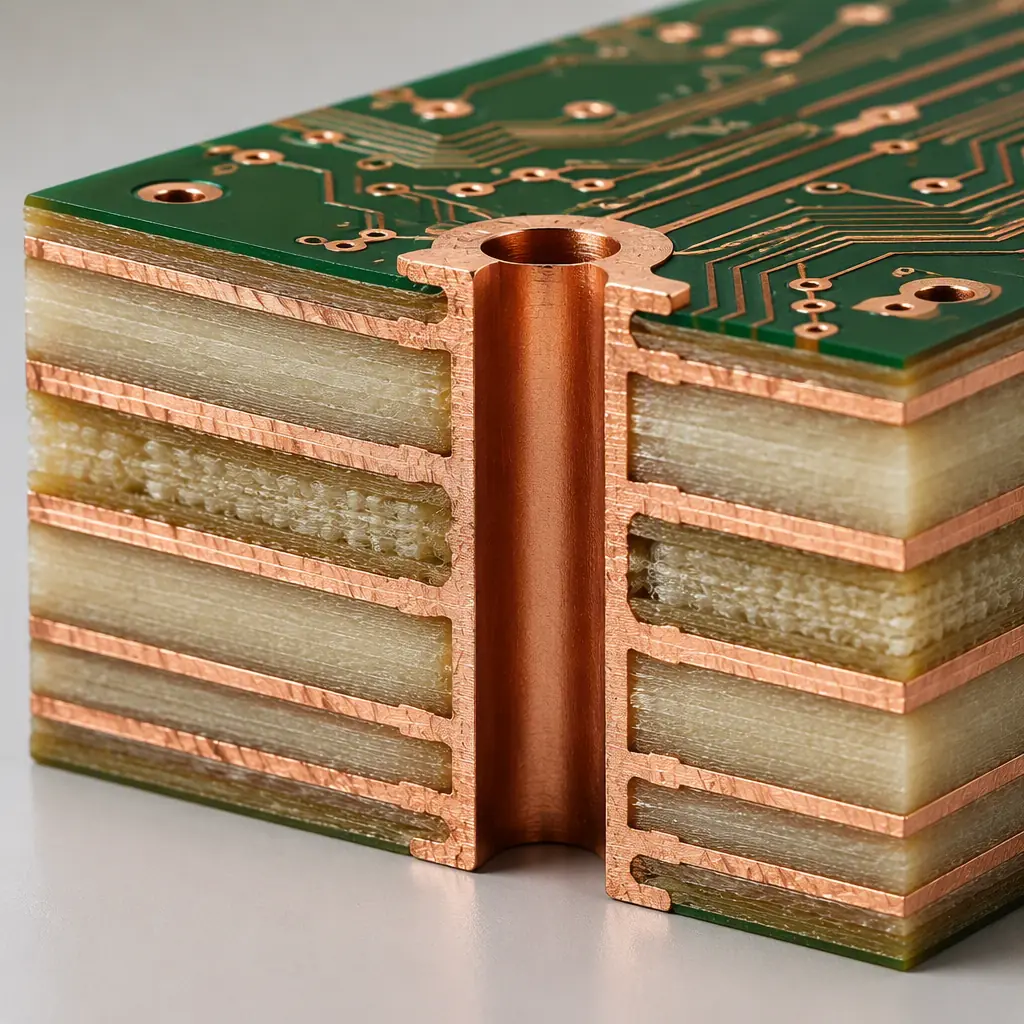 Photorealistic 3D cross-section render of a PCB pad showing distinct copper and dielectric layers with a plated through-via