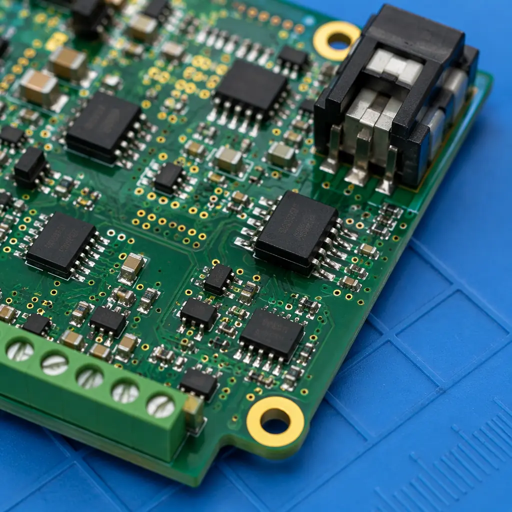Close-up macro shot of a populated PCB with green solder mask, gold ENIG pads, precision analog components and isolated CAN transceivers, industrial electronics aesthetic