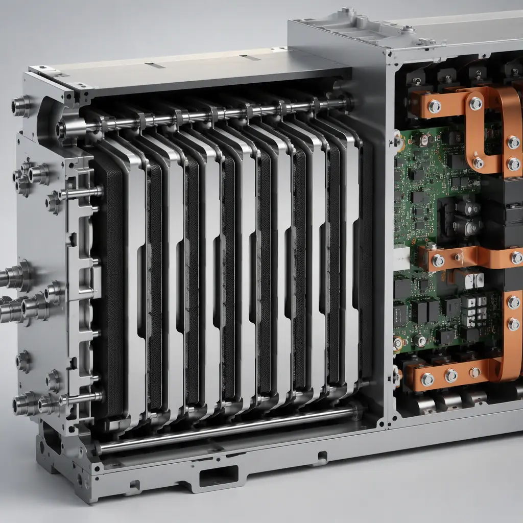 Photorealistic 3D cross-section of a PEM electrolyzer stack showing bipolar plates, membrane electrode assembly layers, and adjacent power electronics PCB with thick copper bus bars