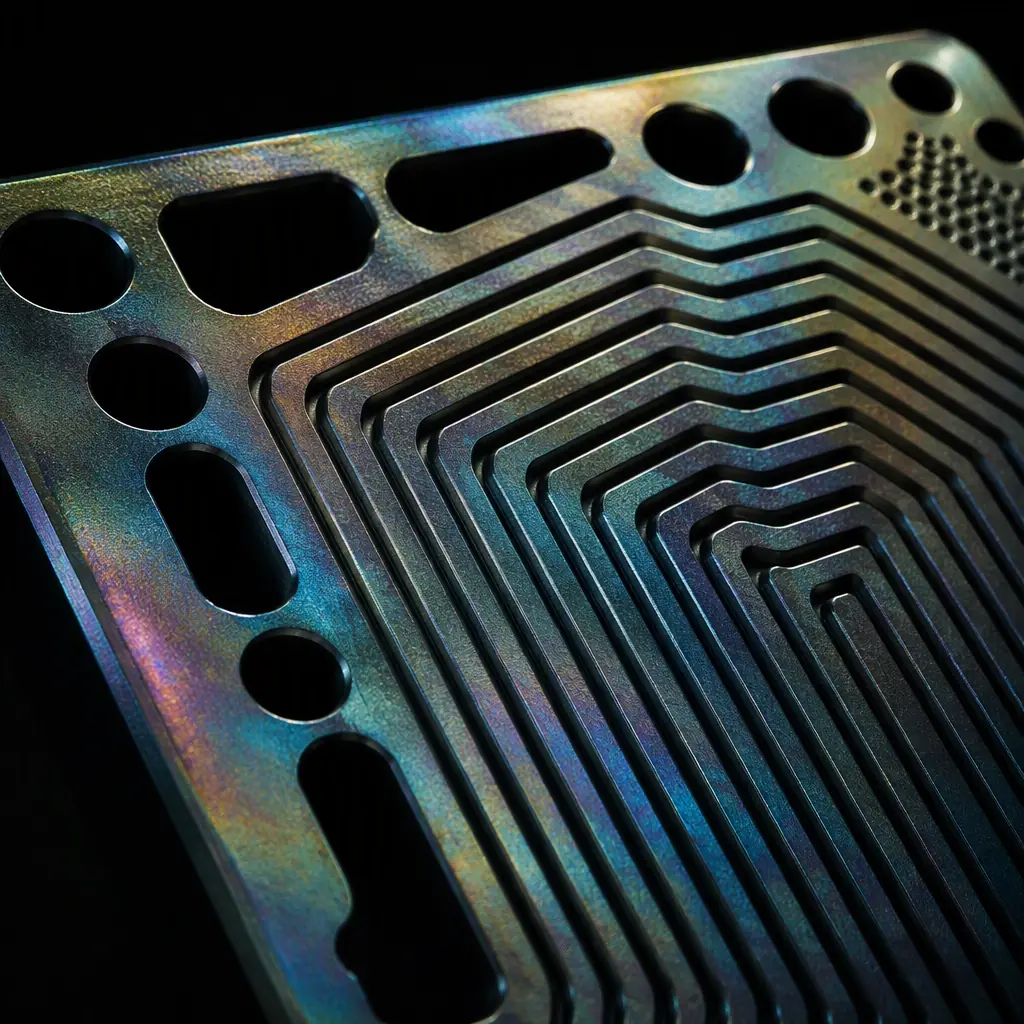 Macro photography of a hydrogen fuel cell bipolar plate with intricate flow field channels, metallic surface texture under industrial lighting