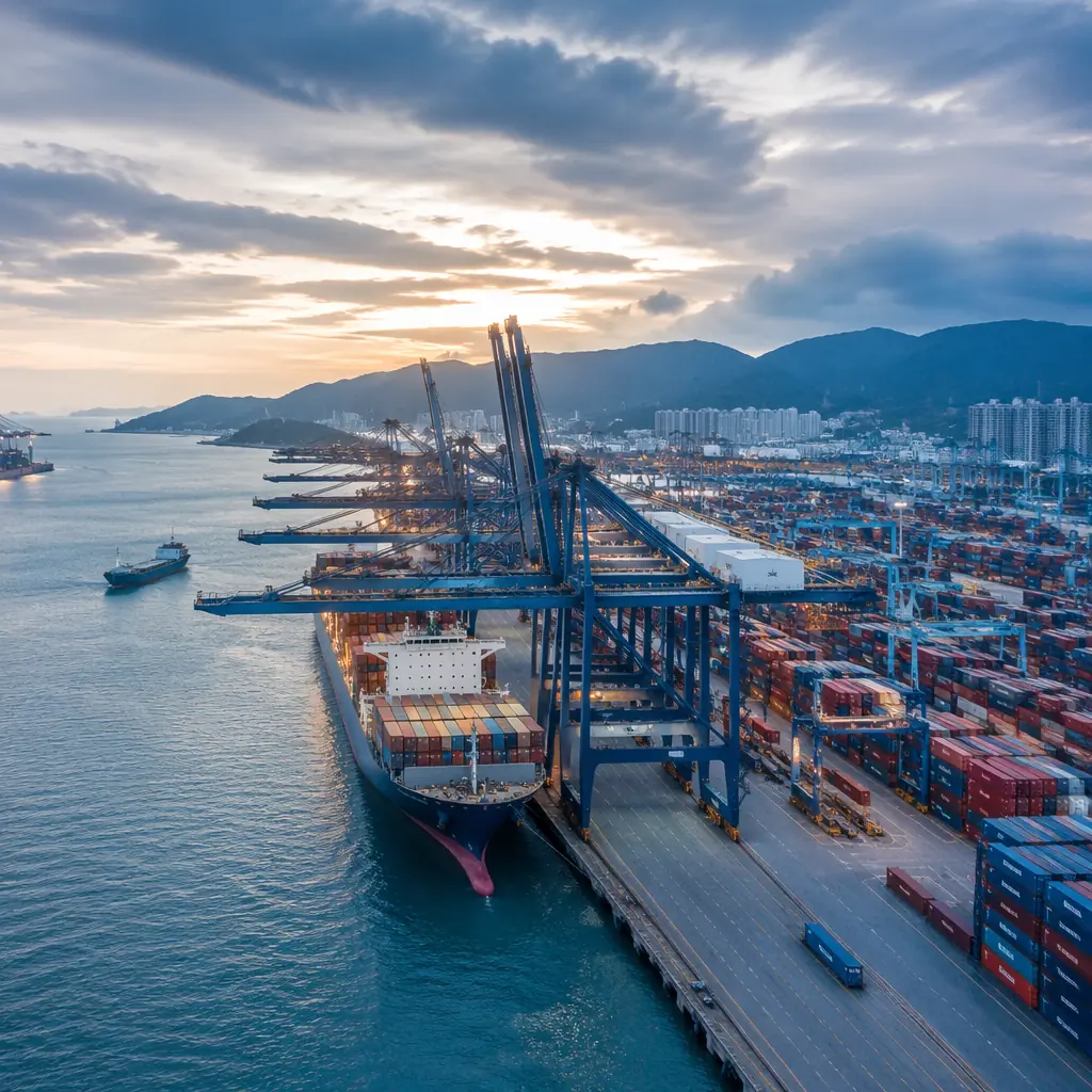 Shenzhen container port with cargo ships loading PCB export containers at Yantian terminal