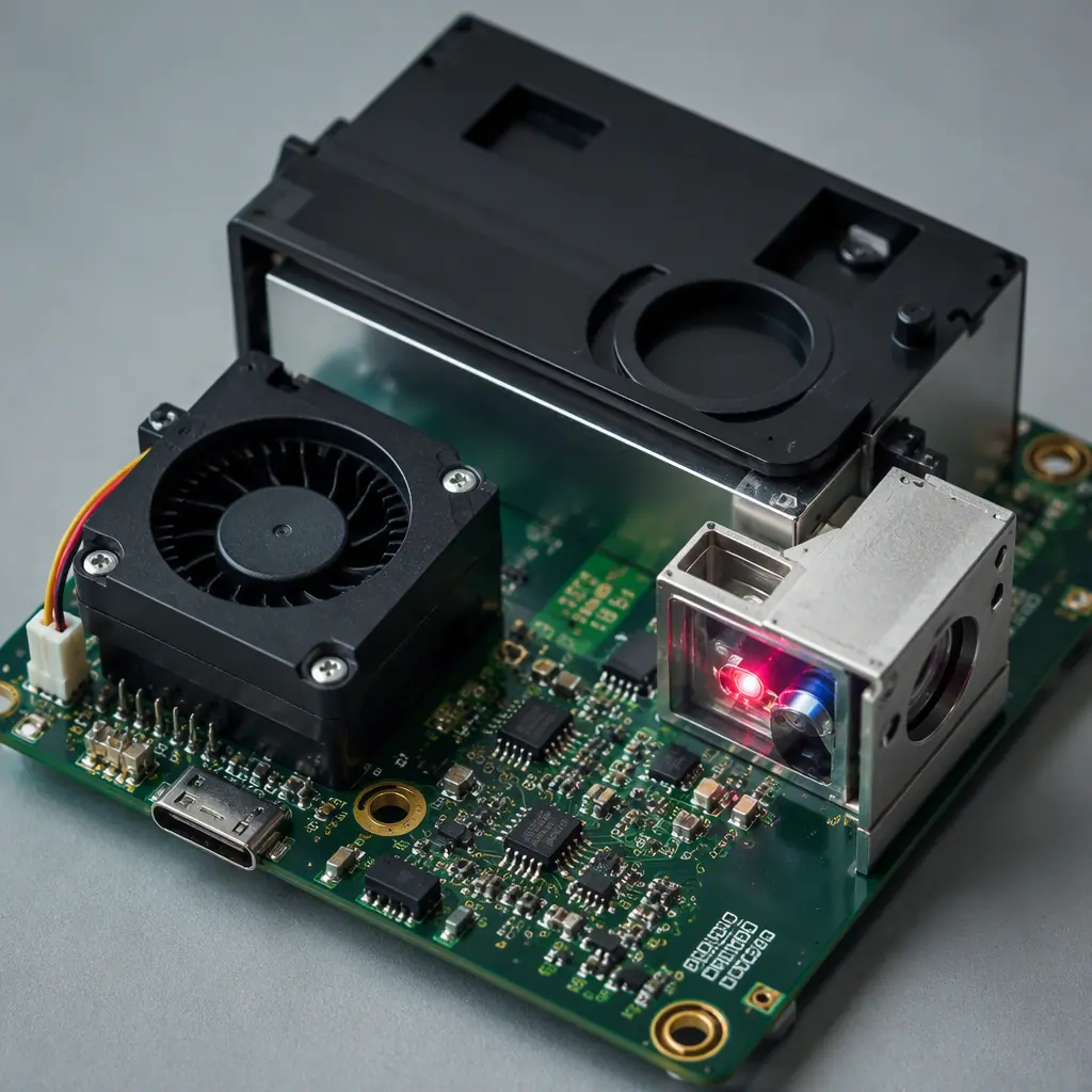 Indoor air quality monitor PCB showing a CO2 sensor, laser PM2.5 sensor and metal-oxide VOC sensor mounted with airflow routing