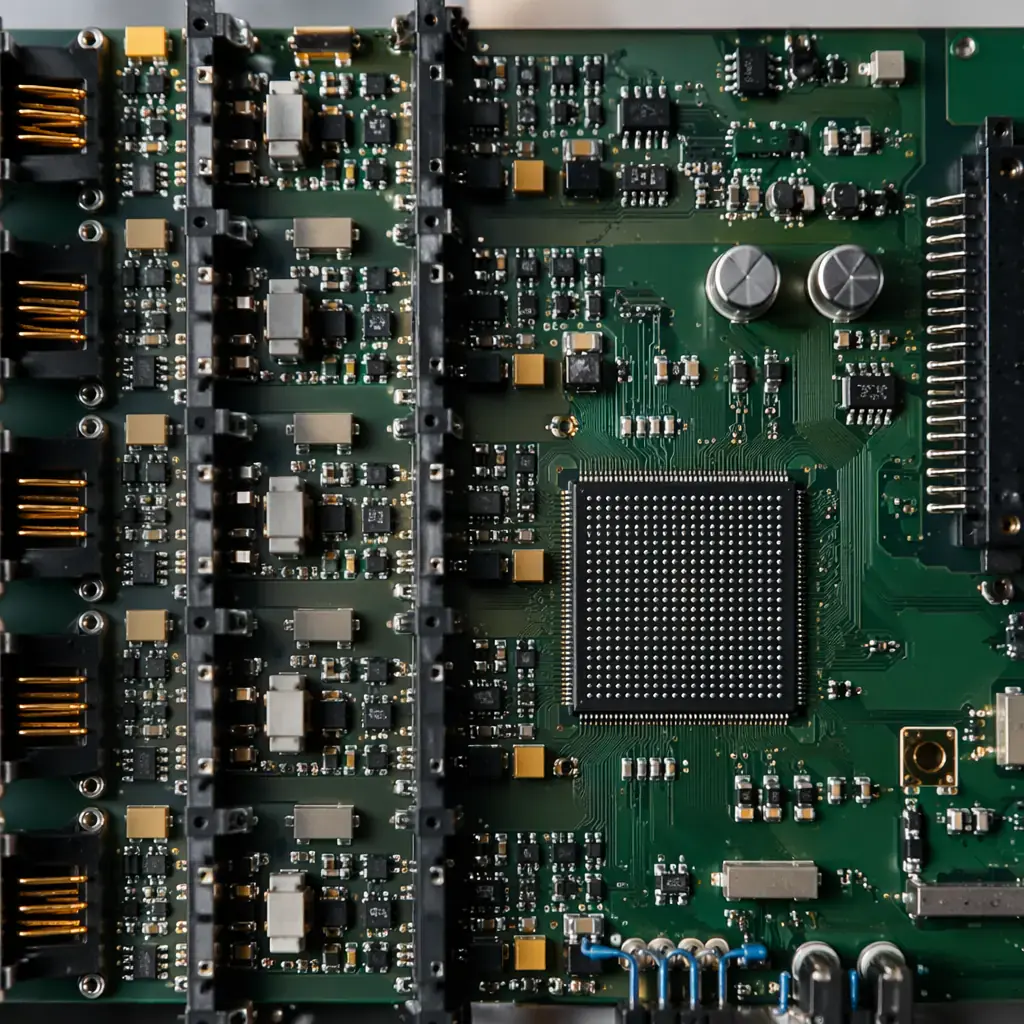 Multi-layer PLC control PCB with isolated analog input sections and high-density digital processing layout