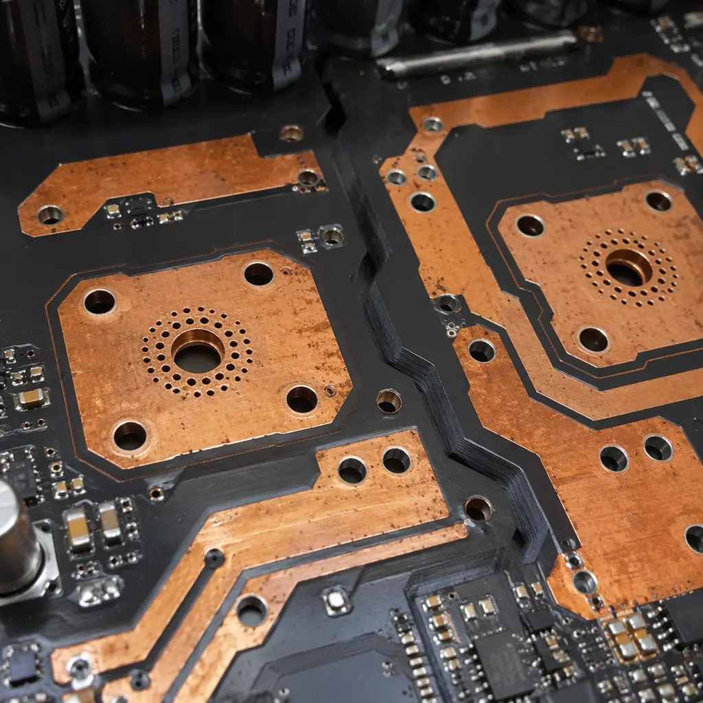 VFD power PCB showing heavy 6oz copper traces with isolation slots between high-voltage and low-voltage domains