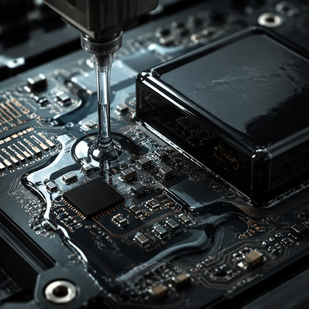Cross-section of encapsulated intrinsically safe PCB showing epoxy potting compound over zener barrier network with conformal coating on exposed traces