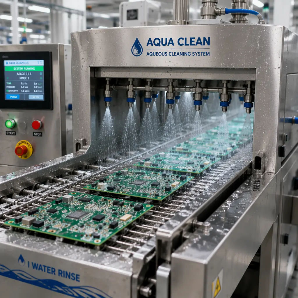PCB aqueous cleaning system with deionized water spray nozzles washing circuit boards on conveyor, industrial electronics cleaning process, water droplets on board surface