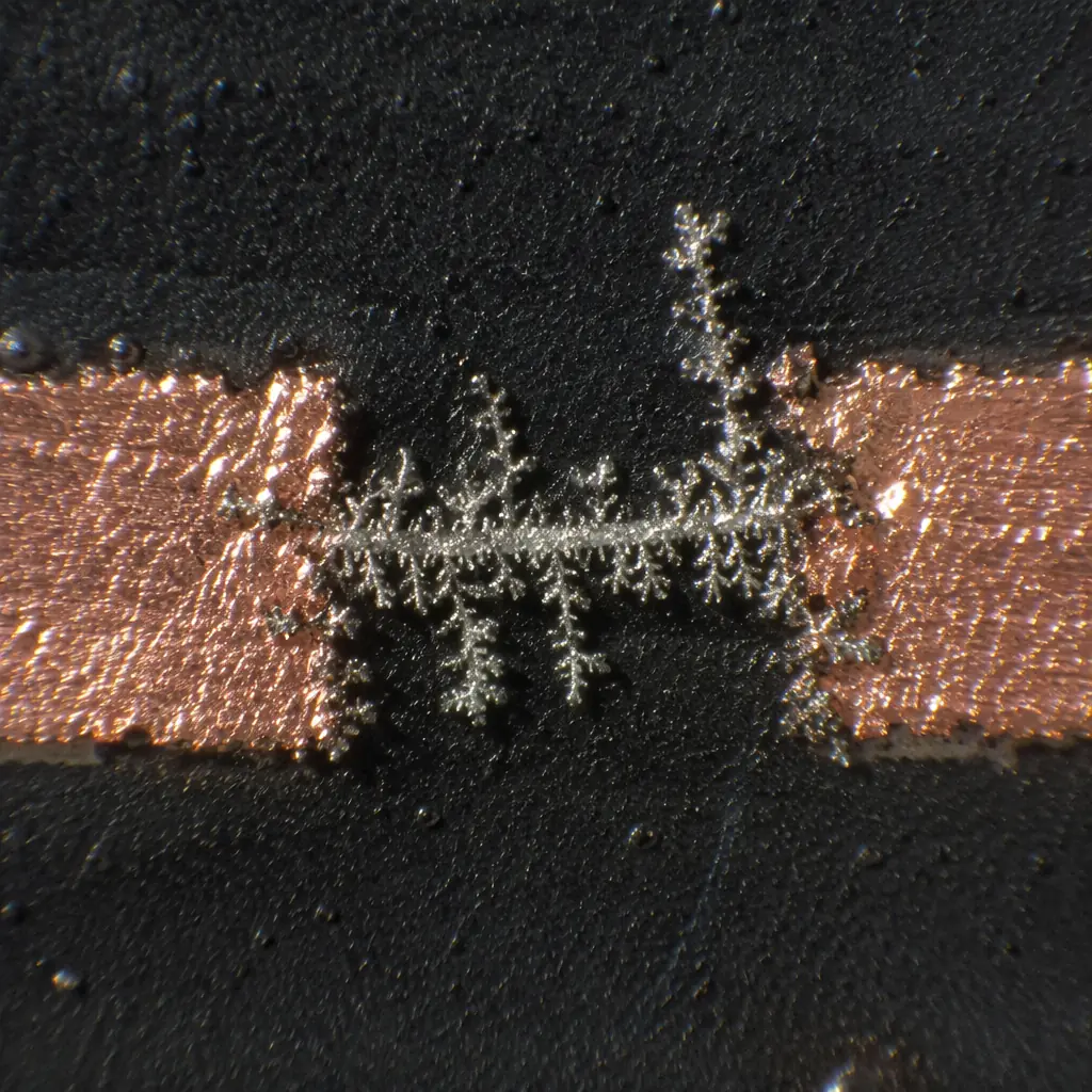 Close-up macro photo of dendritic growth between two PCB traces under microscope, showing crystalline metal filaments bridging a gap