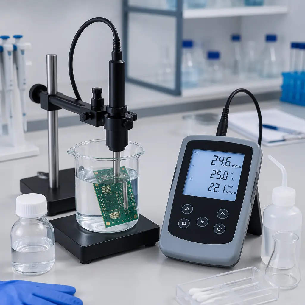 ROSE test equipment with PCB immersed in isopropanol-water solution, digital display showing conductivity reading on laboratory bench