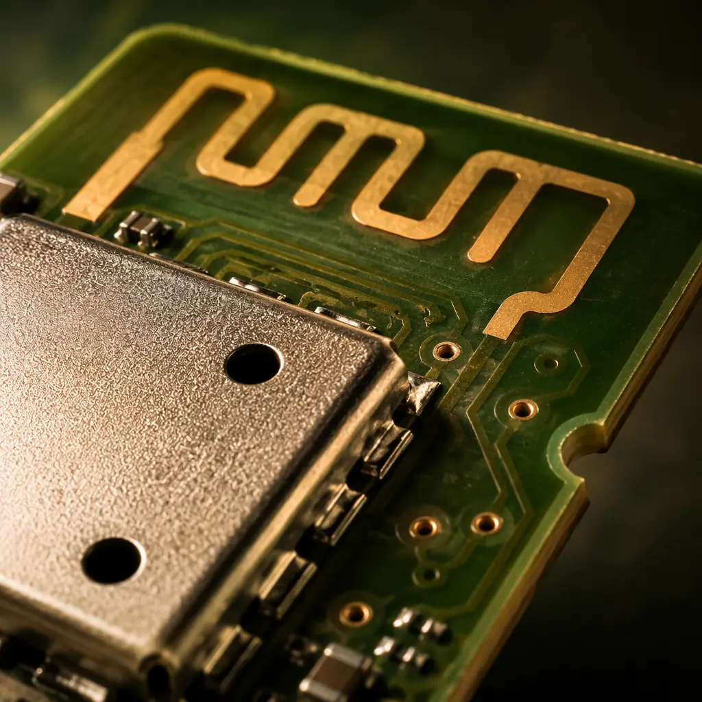 Compact IoT sensor PCB module with wireless antenna traces and gold ENIG pads under macro studio photography