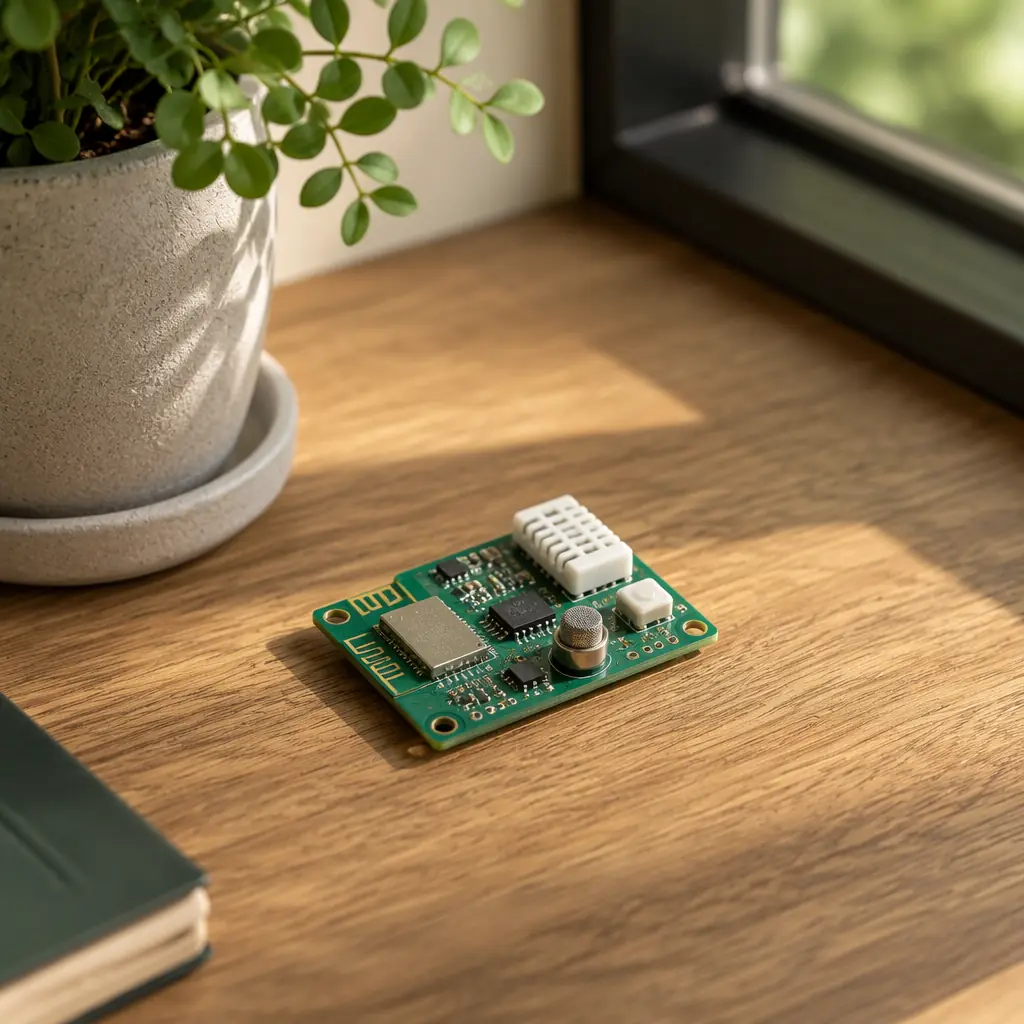 Compact IoT environmental sensor PCB module on desk with natural window light conveying connected technology