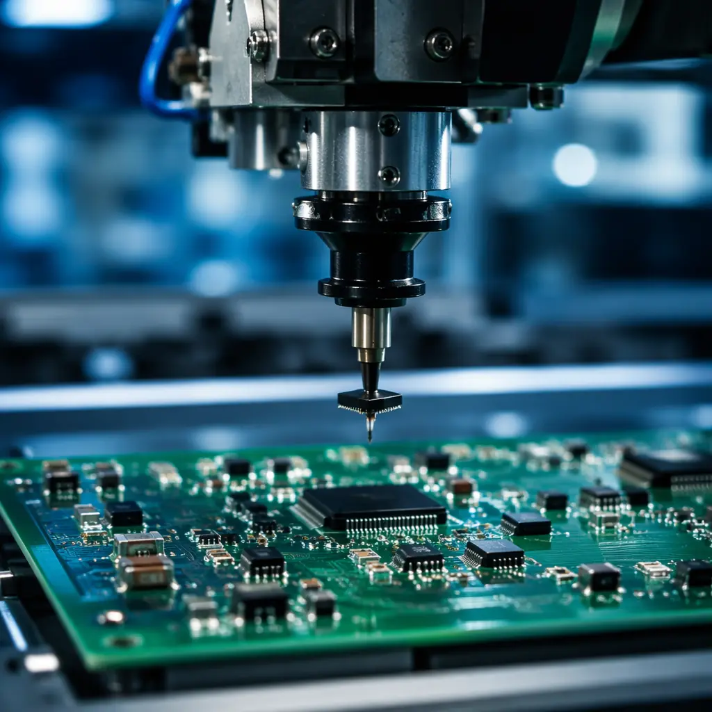 Macro photograph of IoT sensor module being placed by SMT pick-and-place nozzle on green PCB with factory bokeh background
