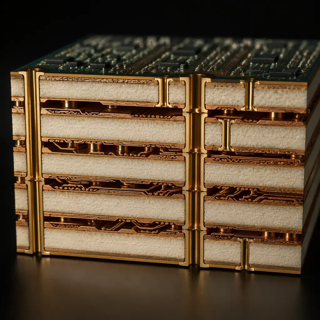 Photorealistic 3D cross-section render of a 6-layer IoT PCB stackup showing copper layers, prepreg, and gold-plated vias