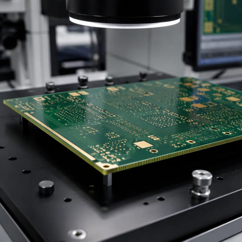 Macro photo of a bare rigid PCB on a quality inspection bench showing a clean multilayer board surface and plated edge