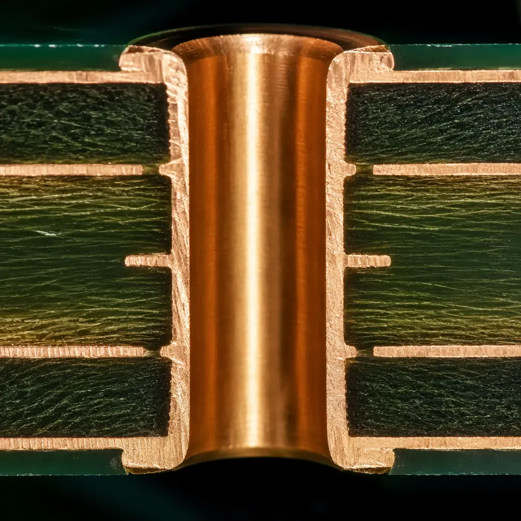Photorealistic 3D cross-section render of a plated through-hole showing perfect annular ring alignment, copper barrel integrity, and inner-layer registration
