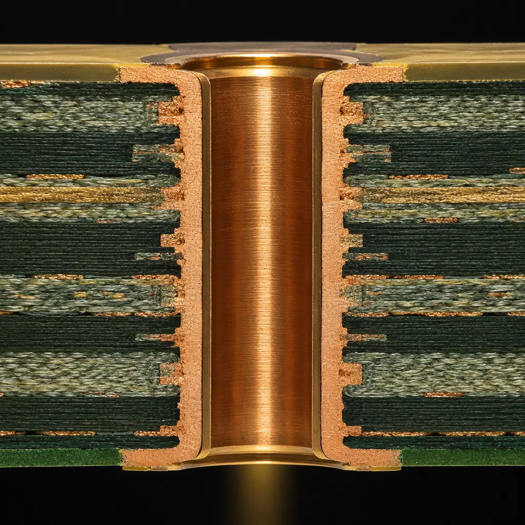 Macro photo of PCB under bright inspection light on a clean lab bench, gold contacts gleaming under magnification
