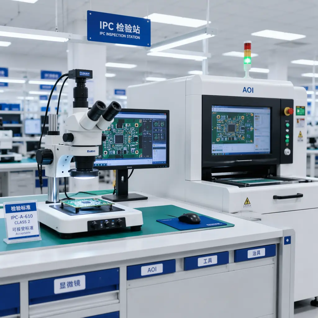 IPC inspection station in modern Chinese PCB factory, microscope and AOI machine on clean workbench, bright white LED lighting, organized inspection documentation