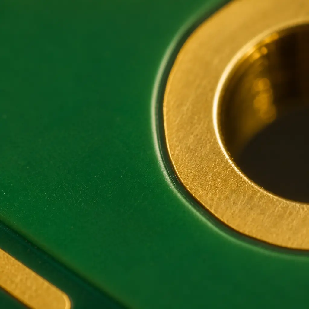 Macro close-up of solder mask on PCB surface, smooth texture under warm factory lighting, precise registration to copper pad edges visible
