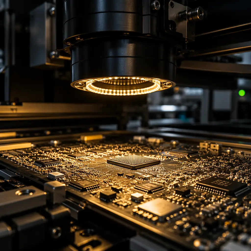 AOI inspection station examining PCB assemblies under Class 3 magnification criteria