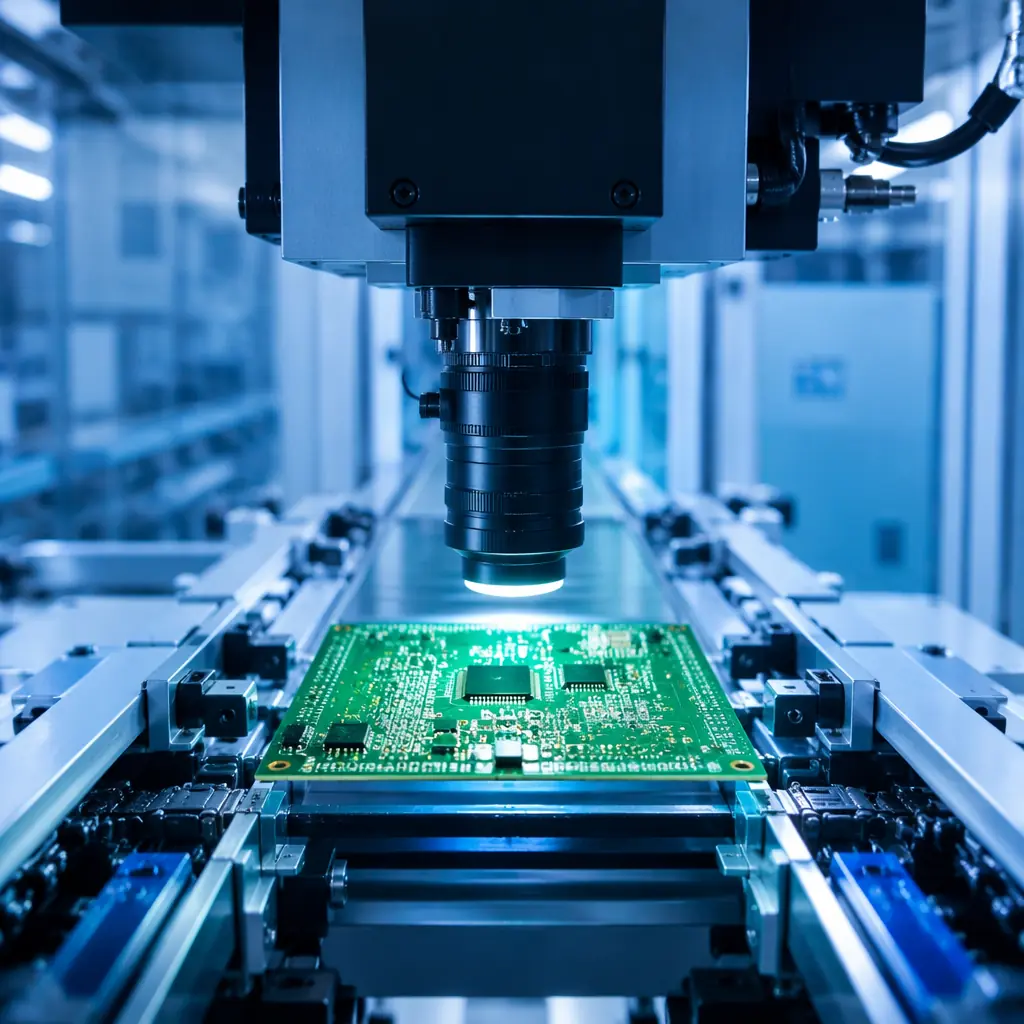 AOI automated optical inspection machine inspecting PCB assembly with IPC standards reference