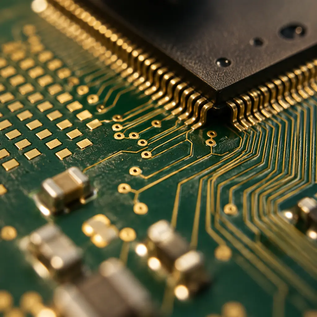 Close-up photograph of a precision-manufactured multi-layer PCB with fine-pitch traces and gold-plated pads under studio lighting