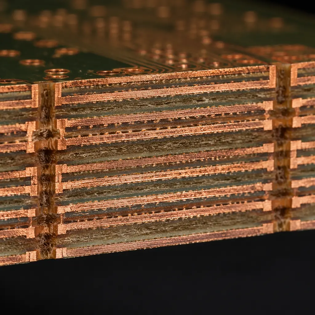Macro close-up photograph showing the cross-section edge of a multi-layer PCB revealing distinct copper layers and dielectric material