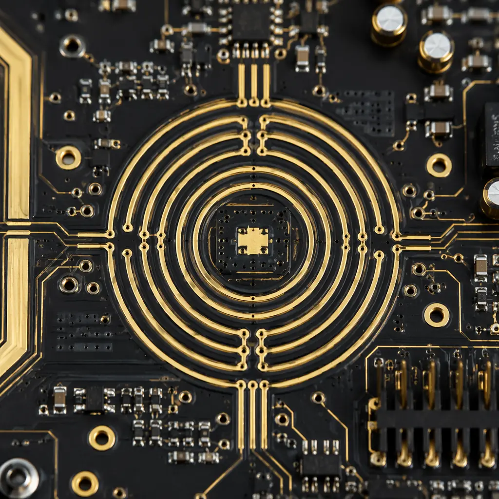 PCB layout close-up showing guard ring traces surrounding high-impedance analog input nodes with driven shield routing patterns